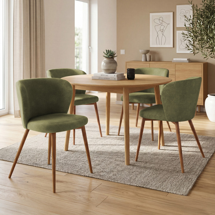 Lot de 4 chaises PAULIE en tissu chenille kaki pieds noyer pour salle à manger