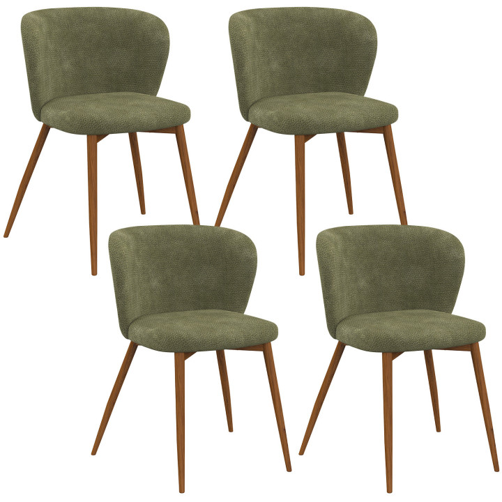 Set van 4 PAULIE eetkamerstoelen in kaki chenille stof met walnoten poten