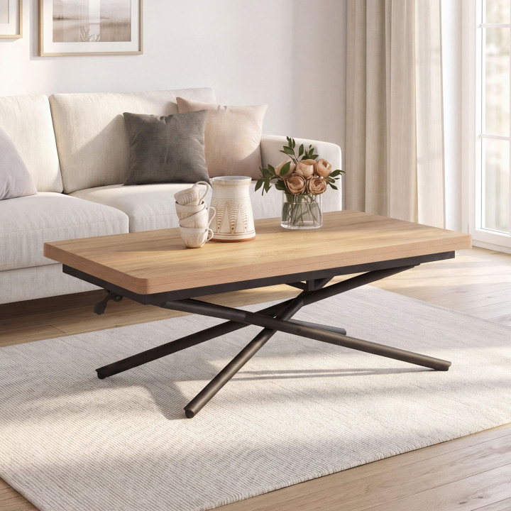 Table basse extensible relevable en table à manger rectangulaire ALIX pied araignée bois et noir