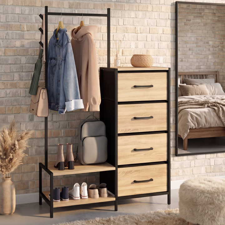Cómoda de 4 cajones revestida de tela UTAH de 84 cm y armario con estantes y percheros, de diseño industrial