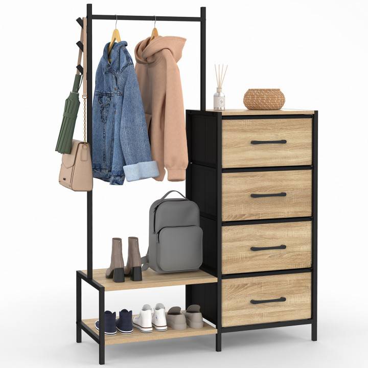 Commode 4 tiroirs en tissu UTAH 84 cm et penderie avec étagères et patères, design industriel