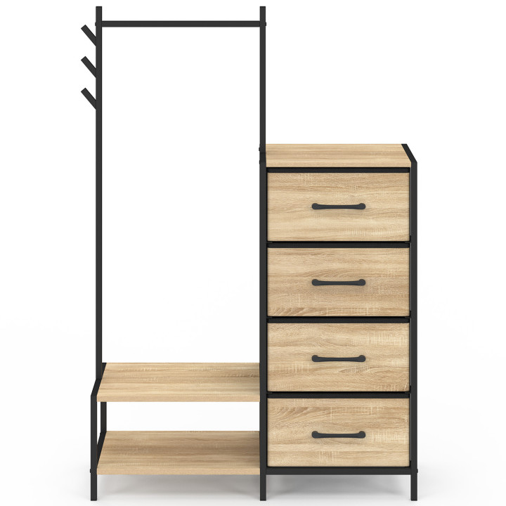 Commode 4 tiroirs en tissu UTAH 84 cm et penderie avec étagères et patères, design industriel