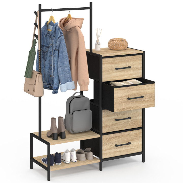 Commode 4 tiroirs en tissu UTAH 84 cm et penderie avec étagères et patères, design industriel