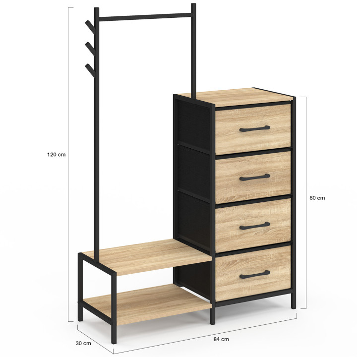 Commode 4 tiroirs en tissu UTAH 84 cm et penderie avec étagères et patères, design industriel