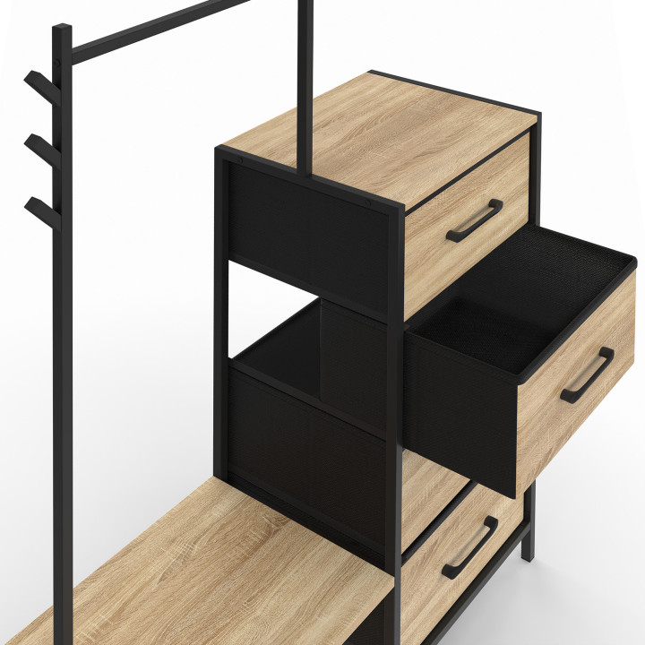 Cómoda de 4 cajones revestida de tela UTAH de 84 cm y armario con estantes y percheros, de diseño industrial