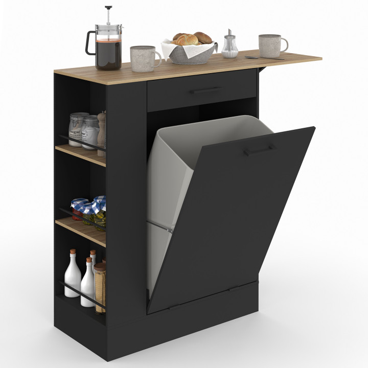 Kompaktes Küchenbuffet 90 cm TIBO mit Abfalleimer, Klappboden, 1 Schublade und 3 Seitenregalen Holz und Schwarz