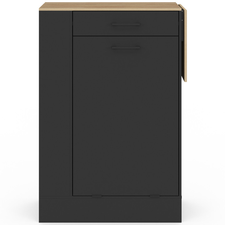 TIBO 90 cm compact keukenbuffet met afvalemmer, opklapbaar rek, 1 lade en 3 zijplanken in hout en zwart