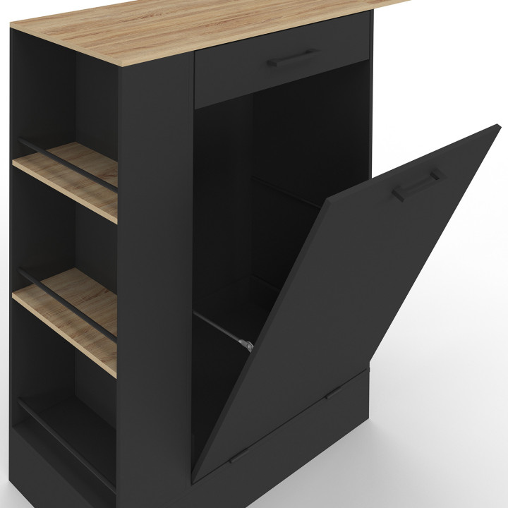 TIBO 90 cm compact keukenbuffet met afvalemmer, opklapbaar rek, 1 lade en 3 zijplanken in hout en zwart
