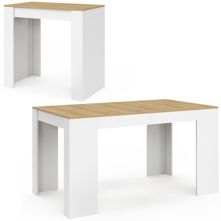 Mesa consola extensible de 140 cm para 6 personas, de madera blanca y con acabado en haya - ORLANDO