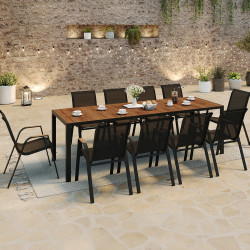 Salon de jardin NOUMEA table 240 cm plateau verre trempé effet bois et 10 chaises empilables noir et bois