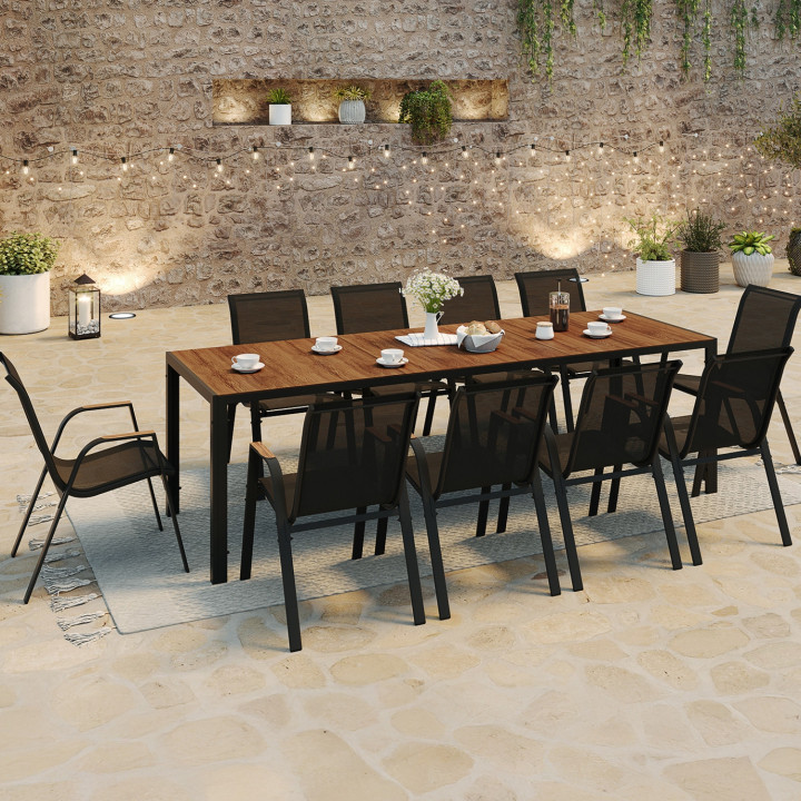 Tuinmeubelset met 10 stapelstoelen tafel 240 cm zwart en hout - NOUMEA | ID Market