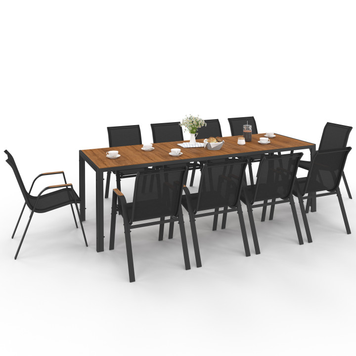 Salon de jardin NOUMEA table 240 cm plateau verre trempé effet bois et 10 chaises empilables noir et bois