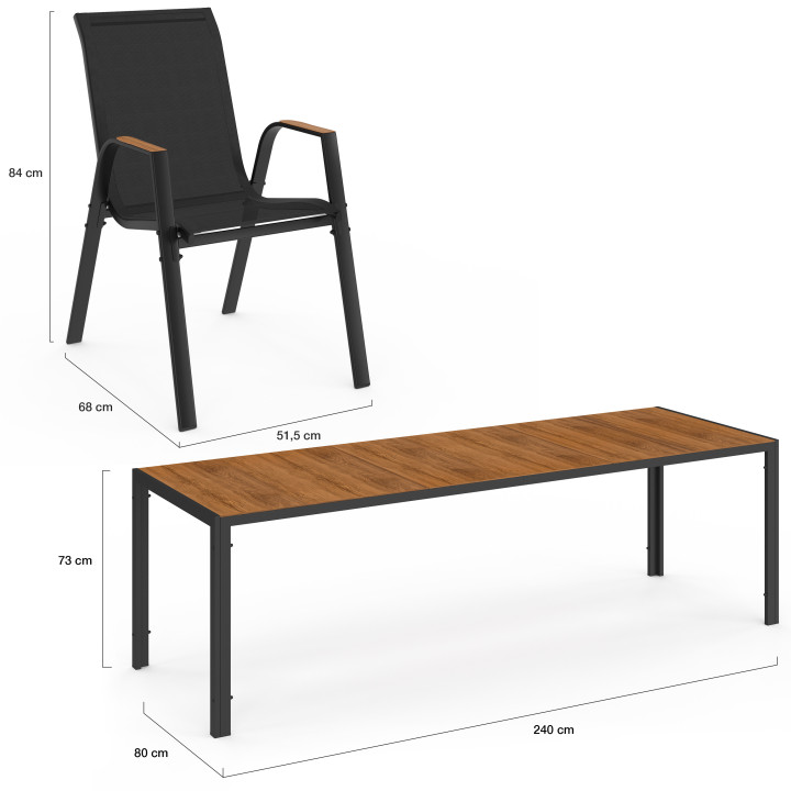 Tuinmeubelset met 10 stapelstoelen tafel 240 cm zwart en hout - NOUMEA | ID Market