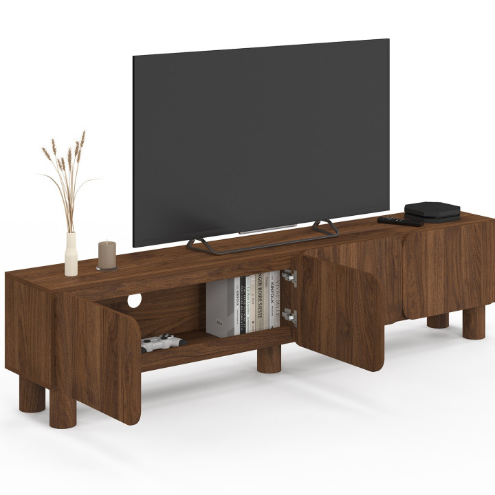 Meuble TV 180 cm SARANDA 4 portes arrondies bois façon noyer