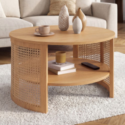 Table basse ronde EDHEN 70 cm effet cannage naturel et bois