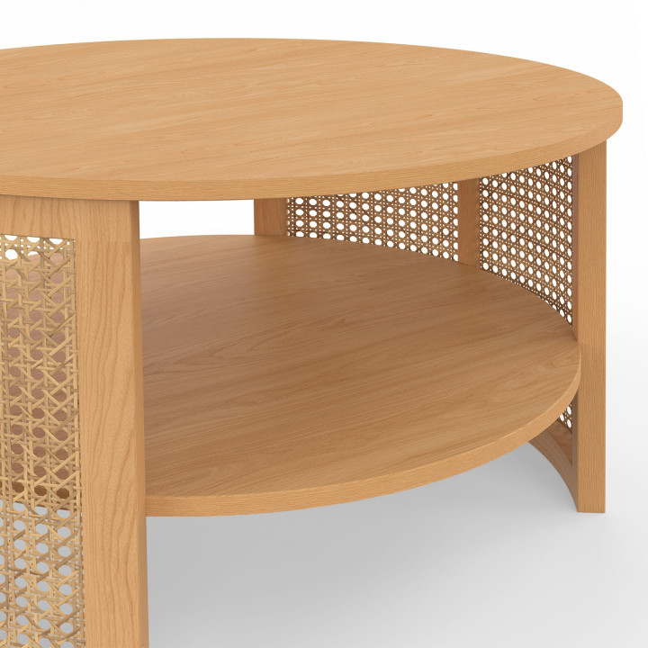 EDHEN 70 cm ronde salontafel met natuurlijk riet en houteffect