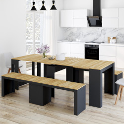 ORLANDO Mesa consola para 10 personas y bancos extensibles 235 cm madera negra y acabado haya