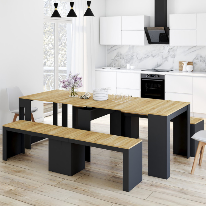 Ensemble table console avec bancs extensibles ORLANDO 10 personnes 235 cm bois noir et façon hêtre