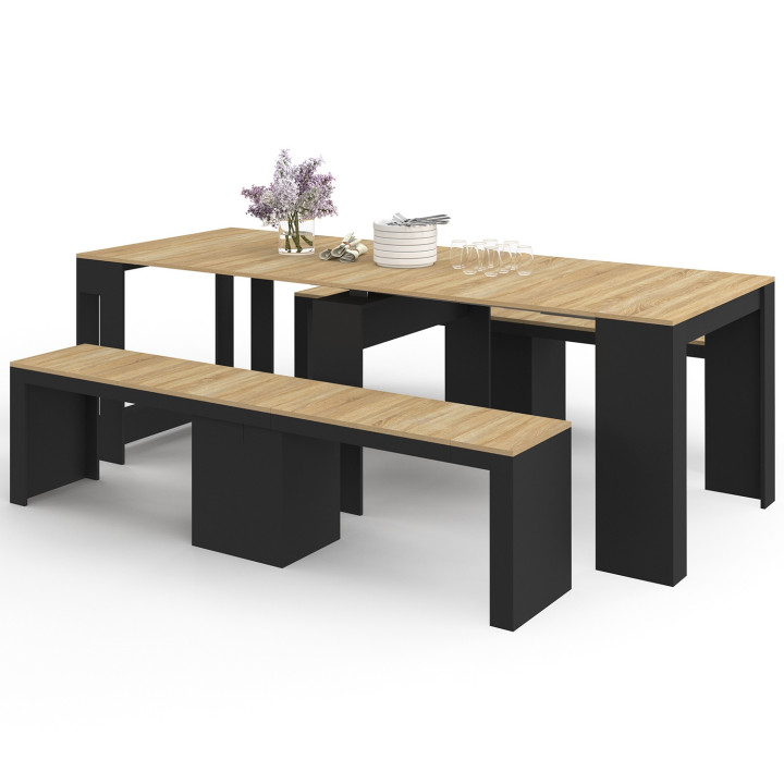 Ensemble table console avec bancs extensibles ORLANDO 10 personnes 235 cm bois noir et façon hêtre