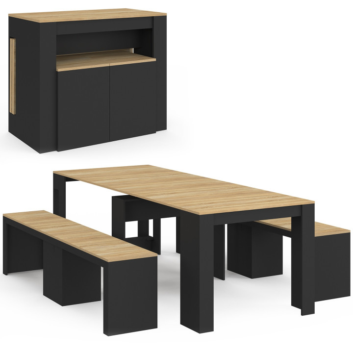 Ensemble table console avec bancs extensibles ORLANDO 10 personnes 235 cm bois noir et façon hêtre
