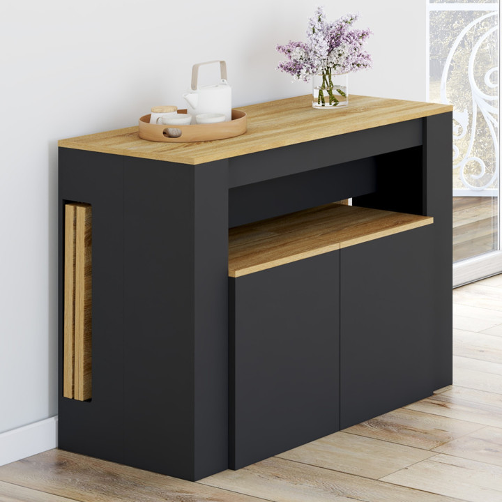 Ensemble table console avec bancs extensibles ORLANDO 10 personnes 235 cm bois noir et façon hêtre