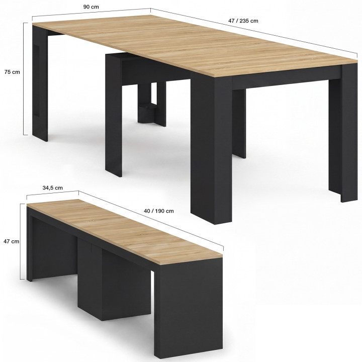 Ensemble table console avec bancs extensibles ORLANDO 10 personnes 235 cm bois noir et façon hêtre