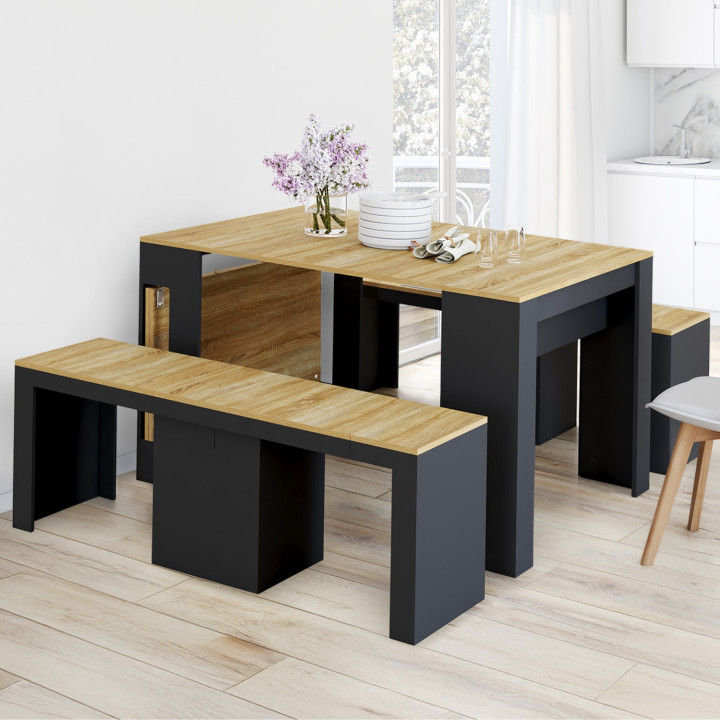 ORLANDO Mesa consola para 10 personas y bancos extensibles 235 cm madera negra y acabado haya