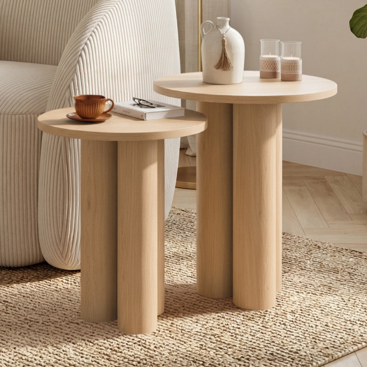 Set di 2 tavolini rotondi, tavolini da salotto, comodini ELOISE 35/40 cm in legno effetto faggio