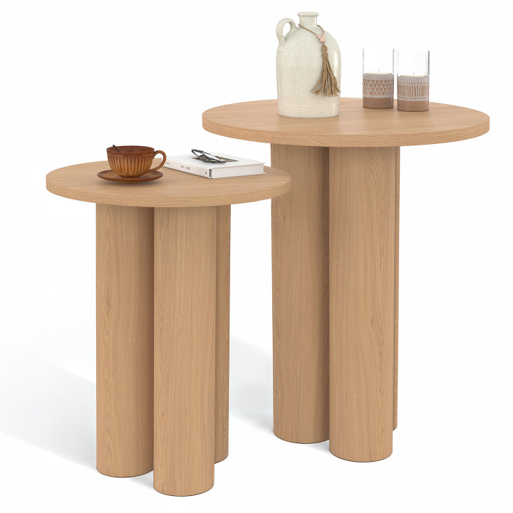 Set di 2 tavolini rotondi, tavolini da salotto, comodini ELOISE 35/40 cm in legno effetto faggio