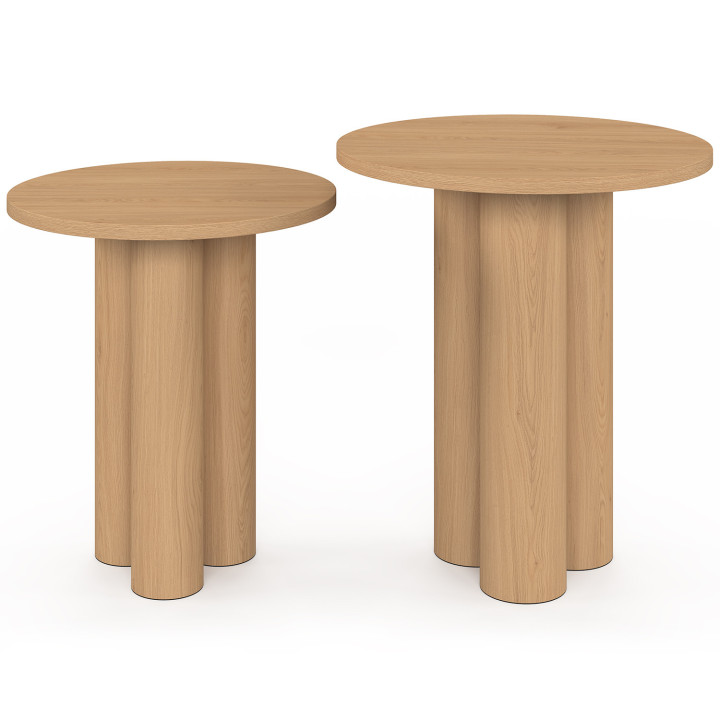 Set van 2 ronde bijzettafels, salontafels, nachtkastjes ELOISE 35/40 cm, hout met beukeneffect