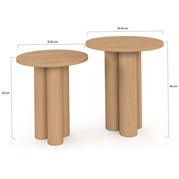 Lot de 2 tables d'appoint rondes, bouts de canapé ELOISE 40 cm bois effet hêtre