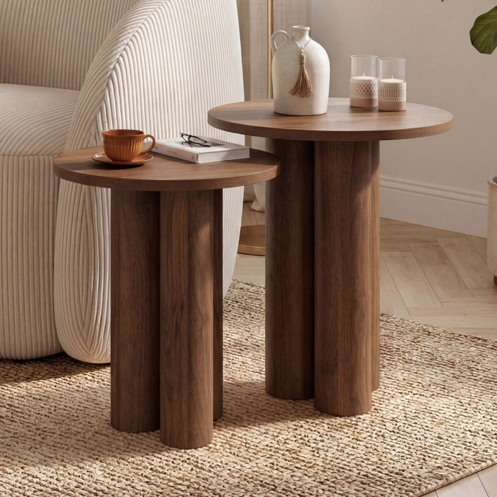 Set di 2 tavolini rotondi, tavolini da salotto, comodini ELOISE 35/40 cm in legno effetto noce
