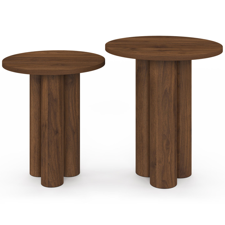 Set van 2 ronde bijzettafels, salontafels, nachtkastjes ELOISE 35/40 cm, hout met notenhoutlook