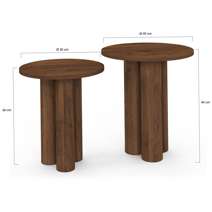 Lot de 2 tables d'appoint rondes, bouts de canapé ELOISE 40 cm bois effet noyer