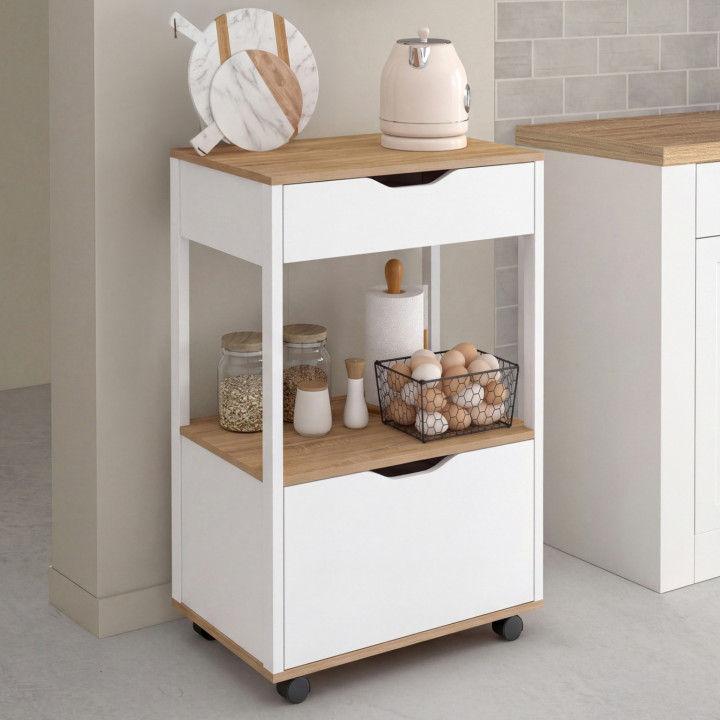 Mobile da cucina COSY con armadio e cassetto in legno bianco e ripiani effetto faggio, L. 48 cm