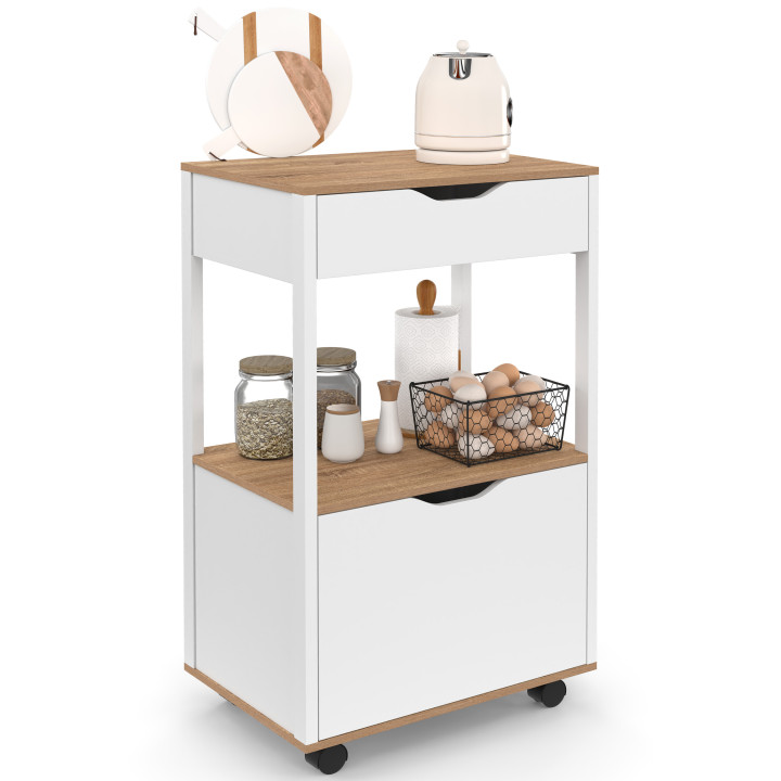 Mobile da cucina COSY con armadio e cassetto in legno bianco e ripiani effetto faggio, L. 48 cm