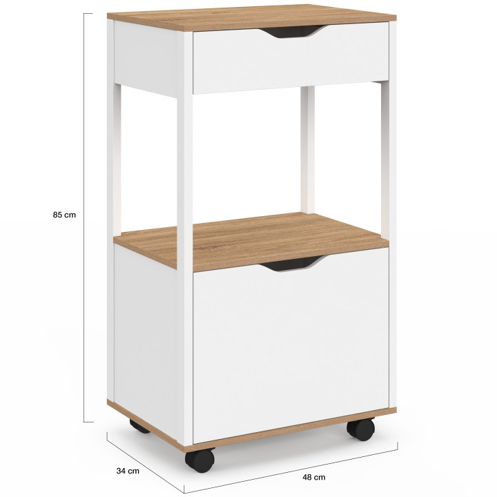 Mueble auxiliar de cocina COSY con armario y cajón de madera blanca y estantes imitación haya. Ancho: 48 cm
