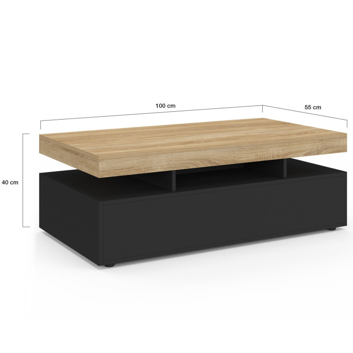 Mesa de centro rectangular con 2 cajones negros y tablero - ELSA | España IDMarket