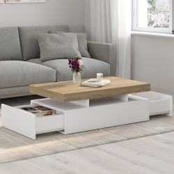 Table basse rectangulaire ELSA 100 cm 2 tiroirs en bois blanc et plateau façon hêtre