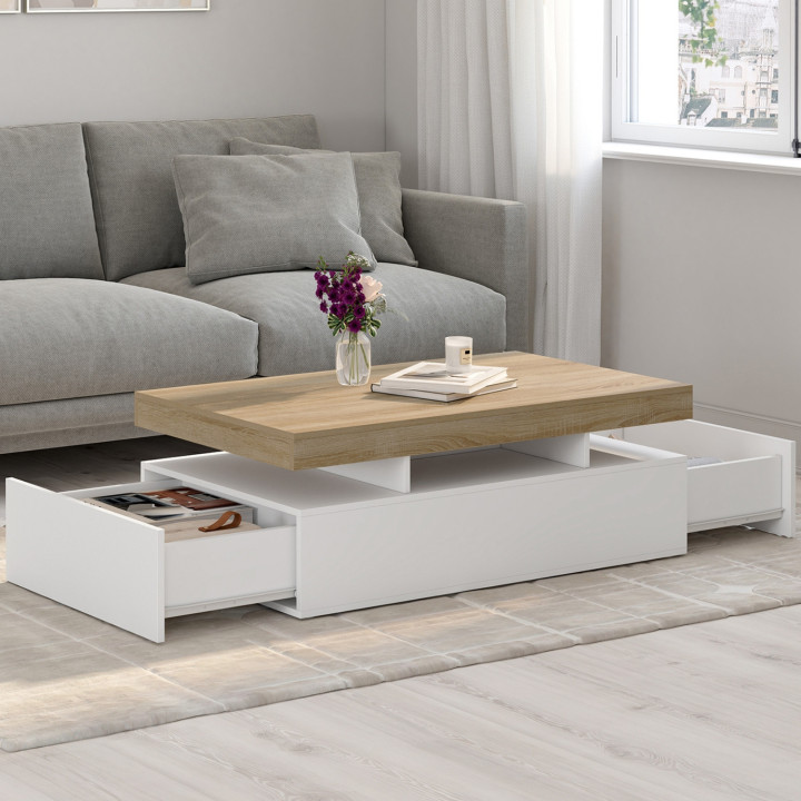 Rechteckiger Couchtisch mit 2 weißen Schubladen und Platte - ELSA || ELSA IDMarket
