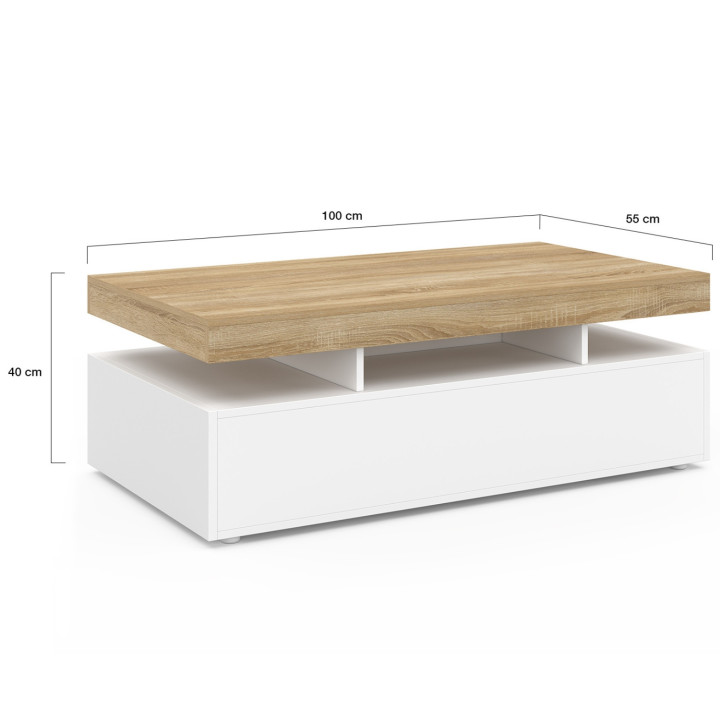 Table basse rectangulaire ELSA 100 cm 2 tiroirs en bois blanc et plateau façon hêtre