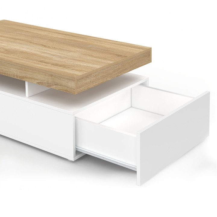 Table basse rectangulaire ELSA 100 cm 2 tiroirs en bois blanc et plateau façon hêtre