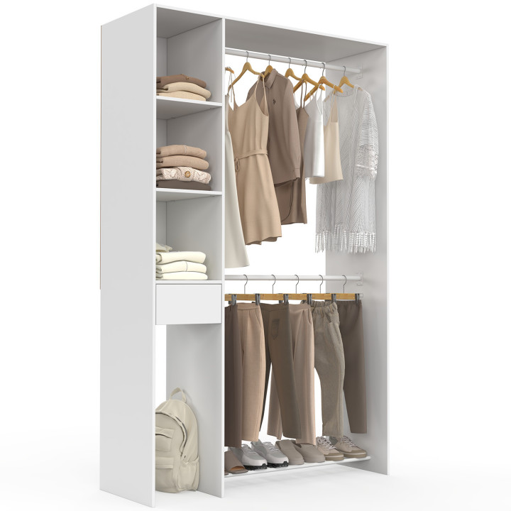 Armario doble L. 110 cm MIRTY con estantes + cajón + compartimentos para zapatos, color blanco