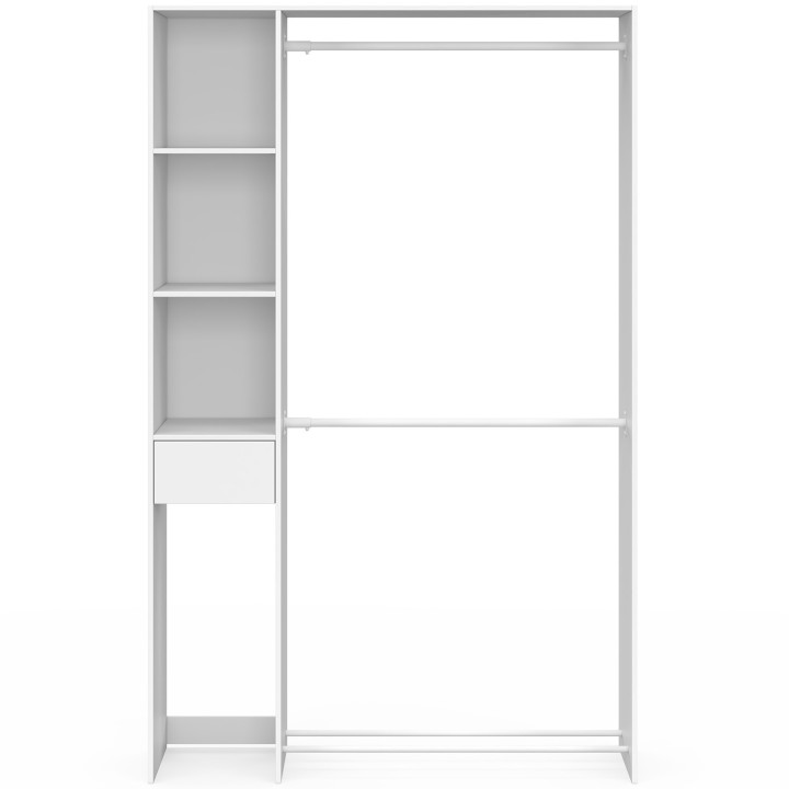Doppelkleiderschrank L. 110 cm MIRTY mit Regalen + Schublade + Schuhablagen, weiß