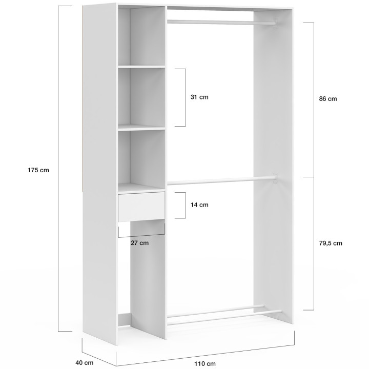 Armario doble L. 110 cm MIRTY con estantes + cajón + compartimentos para zapatos, color blanco
