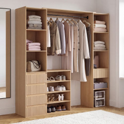 Dressing extensible double XXL JULIETTE 120/180 cm effet lattes tasseau bois avec tiroirs + étagères + penderie + rideau beige