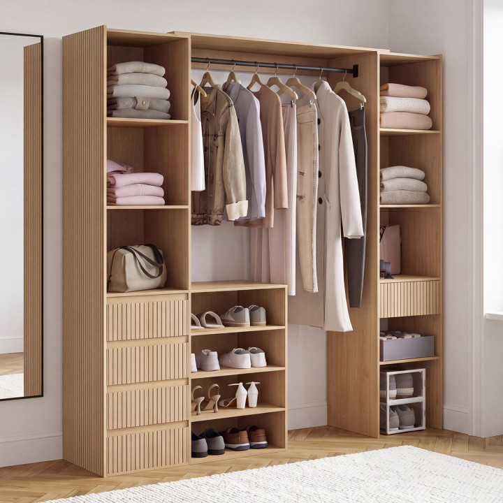 XXL dubbele uitbreidbare inloopkast JULIETTE 120/180 cm met houten lattenpatroon, inclusief lades + planken + kledingrek
