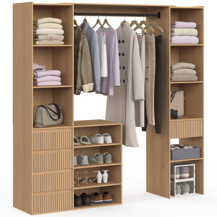 Armario empotrado extensible doble XXL JULIETTE 120/180 cm con efecto de listones de madera, con cajones, estantes y perchero