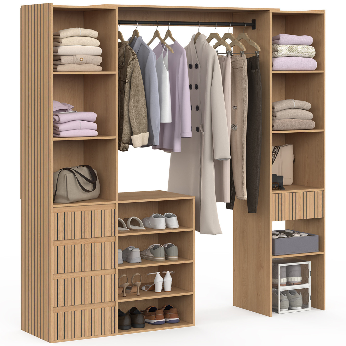 Ausziehbarer Doppel-Kleiderschrank XXL „JULIETTE“ 120/180 cm in Holzlattenoptik mit Schubladen + Regalen + Kleiderstange