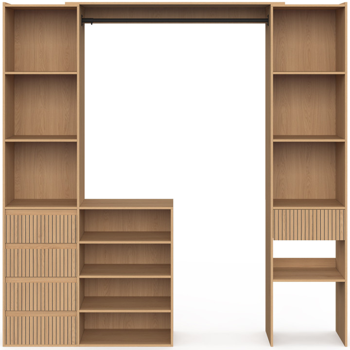 Armario empotrado extensible doble XXL JULIETTE 120/180 cm con efecto de listones de madera, con cajones, estantes y perchero